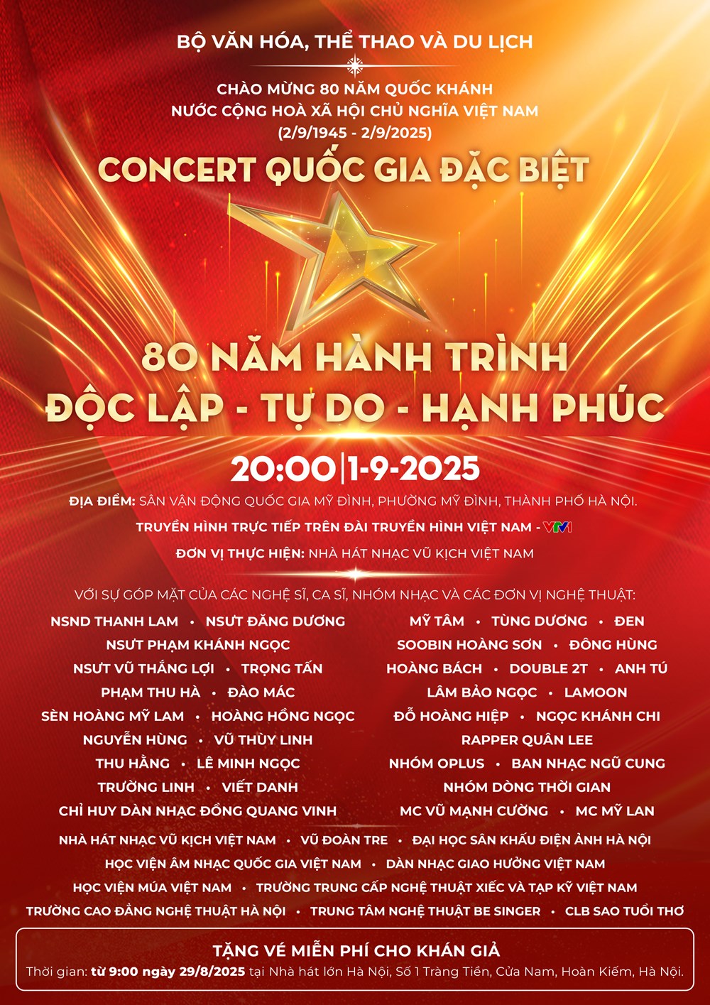 Điều kiện nhận vé miễn phí concert quốc gia “80 năm hành trình Độc lập - Tự do - Hạnh phúc”- Ảnh 1. Điều kiện nhận vé miễn phí concert quốc gia “80 năm hành trình Độc lập - Tự do - Hạnh phúc”- Ảnh 1.